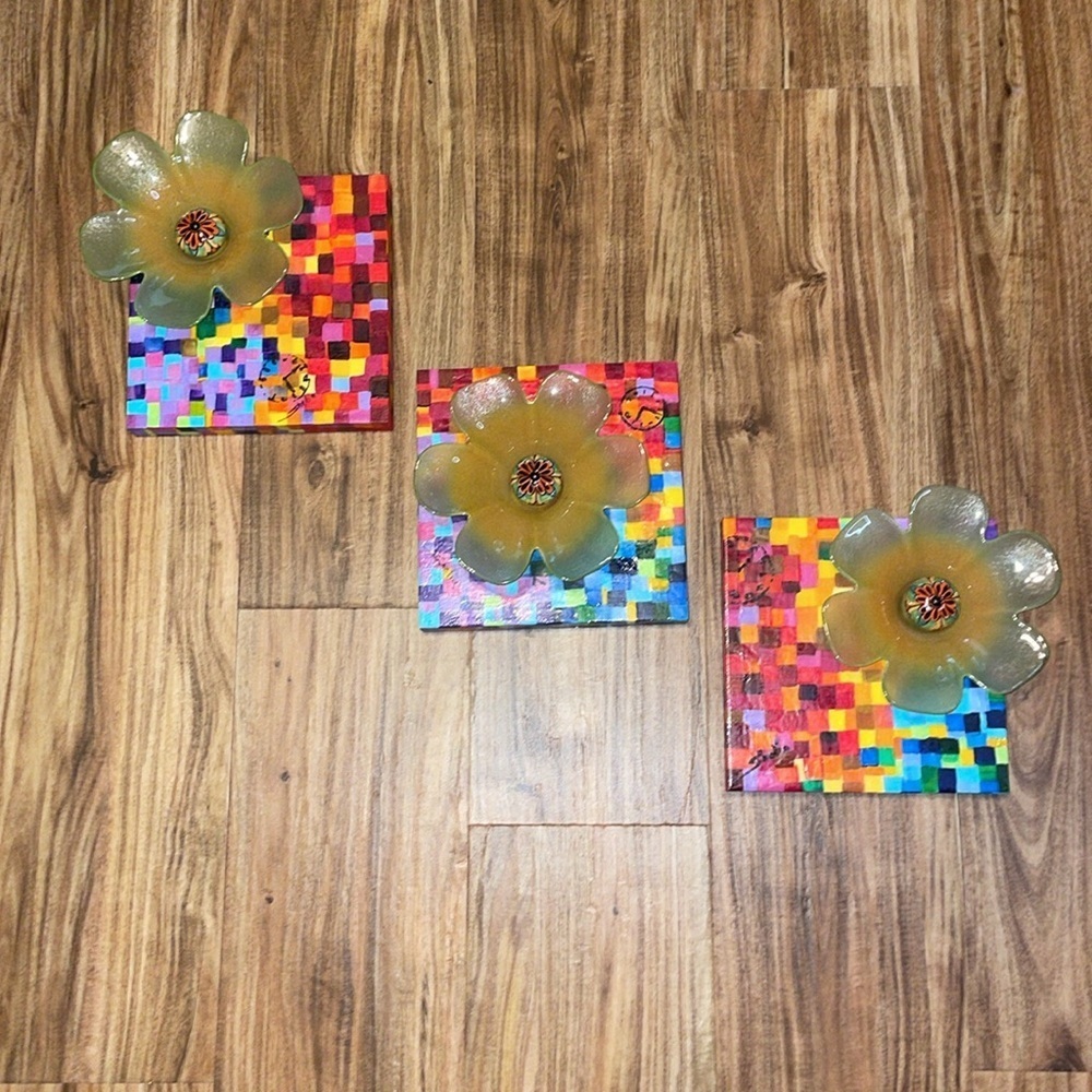 Hand crafted artisan wall decor art  paintings colorful flower glass 3D 3 pieces